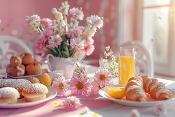 3d render of easter breakfast table with pastries, orange juice and flowers in pink room. Bright daylight. Close up