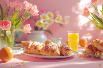 3d render of easter breakfast table with pastries, orange juice and flowers in pink room. Bright daylight. Close up