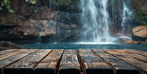 Scenic landscape featuring a waterfall and wooden walkway.