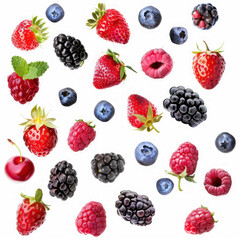 Many different berries floating on transparency background PNG
