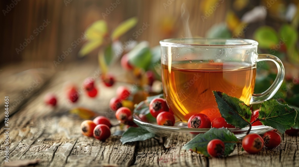 Sticker herbal tea on wooden background utilizing rosehip tea for cold and flu relief