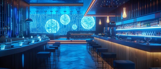 Futuristic Japanese sushi bar with holographic menus neon blue lights