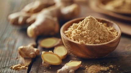 Ginger roots and powder wood backdrop - obrazy, fototapety, plakaty