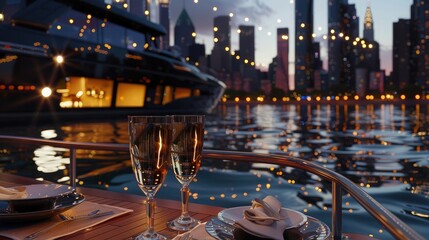 An elegant yacht party on sparkling waters, with guests mingling on deck under the soft glow of...