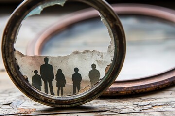 A group of individuals are closely observed through a magnifying glass, their features magnified to enhance visibility