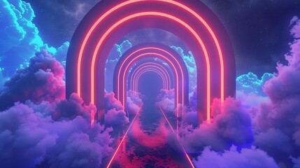 Neon arches in clouds fantasy sky pathway