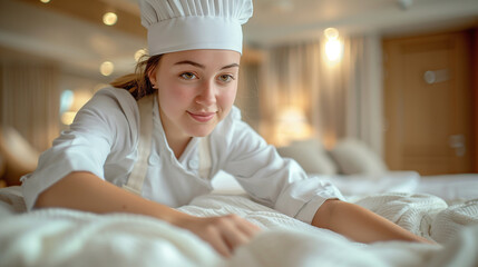 Young chambermaid making bed while working in hotel..