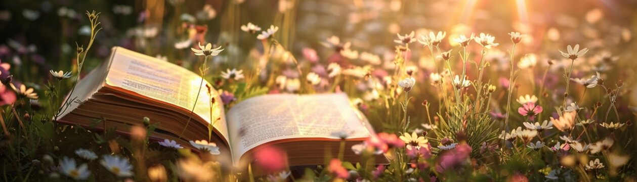 Open book in blooming meadow magical glow