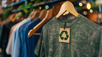 Green recycled tag on a camouflage t-shirt among various clothes on a hanger in a sustainable fashion store.