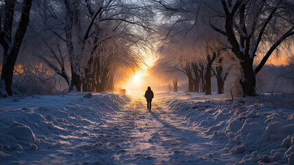 Winter's Embrace: Solitary Figure Contemplating at Sunrise in a Snow Covered Avenue