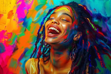 A beautiful black woman with dreadlocks laughing. In the background is an explosion of colors and shapes in the style of digital painting, with high contrast and colorful, hyper realistic style