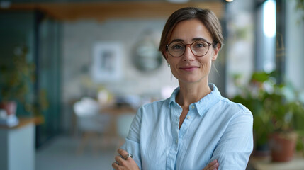 Beautiful short-haired business woman manager wearing blue shirt and glasses standing in modern office with folded hands and smiling at the camera