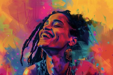 A beautiful black woman with dreadlocks laughing. In the background is an explosion of colors and shapes in the style of digital painting, with high contrast and colorful, hyper realistic style