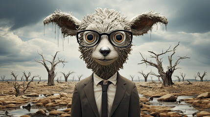Surreal Koala Businessman in a Barren Landscape: A Conceptual Reflection on Nature and Commerce