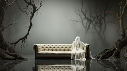 Ethereal Elegance: Ghostly Figure Shroud Over a Classic Sofa Amidst Twisted Bare Trees