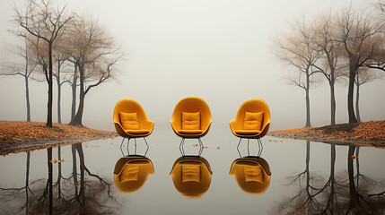 Autumn Tranquility: Modern Yellow Chairs Reflecting in a Misty Lake with Bare Trees