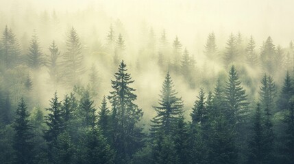 A serene fir forest shrouded in mist, with the scene rendered in a hipster vintage retro style that highlights the tranquil beauty of the landscape, AI Generative