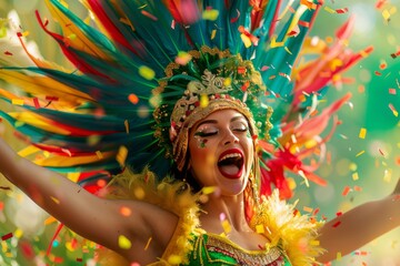 A beautiful woman in a samba costume with a feather headdress and a green, yellow, and red dress celebrating at carnival. Confetti is flying around her as she screams with joy. realistic 