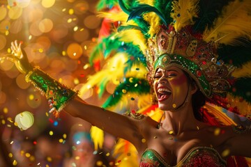 A beautiful woman in a samba costume with a feather headdress and a green, yellow, and red dress celebrating at carnival. Confetti is flying around her as she screams with joy. realistic 