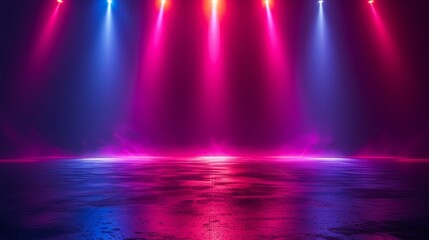 Background of an empty stage, neon lights and laser show illuminating the darkness, abstract interpretation, AI Generative