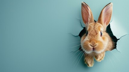 Obraz premium Bunny peeking from hole in blue wall, fluffy ears, Easter bunny banner, AI Generative