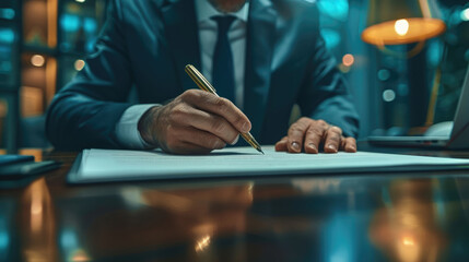 Close-up of a businessman signing a contract with a pen at an office meeting during a deal