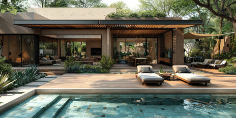 A wooden house with a pool and outdoor seating, surrounded by trees in the background, featuring an open terrace on one side of its exterior wall, set against a backdrop of greenery. Created with Ai