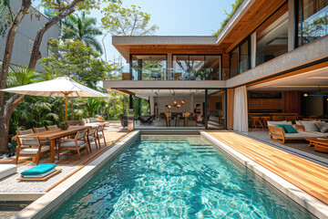 A modern house in a tropical Brazilian style with wooden accents, featuring an outdoor pool and garden area. The scene includes a dining table set under the shade of trees on one side. Created with Ai - obrazy, fototapety, plakaty