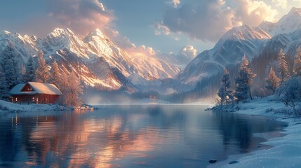 Ice cold river cuts through snowy mountains, crystal clear winter world, AI Generative