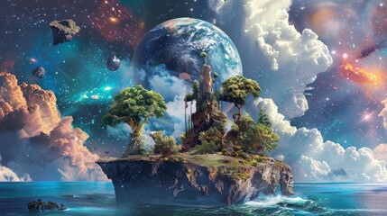 Naklejka premium Imaginary island in space with Calming Rhythms, AI Generative