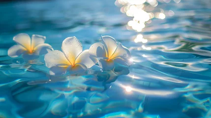Tuinposter plumeria flowers in water, beautiful plumeria flowers on the surface of the water in the pool. © Bushra