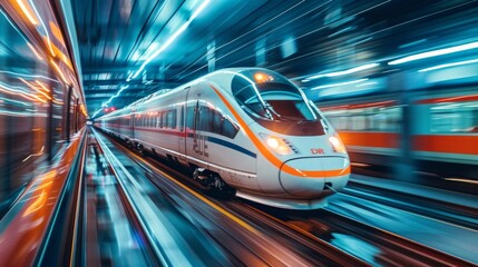 Modern high-speed train slicing through landscapes, embodying the future of intercountry passenger and cargo transport, dynamic motion blur, evening glow, AI Generative