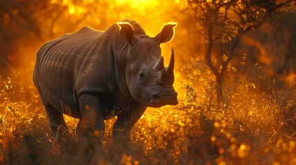 Rhino stands proudly in the savannah, golden light of the hour envelops the scene, lifelike and impressive, AI Generative - obrazy, fototapety, plakaty