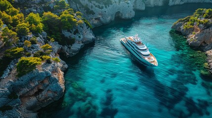 Ultra-wide aerial photo, luxury yacht in tropical paradise, clear turquoise sea, drone top view, tranquil luxury, Atmospheric, AI Generative