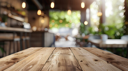 Empty light wood table with blur interior Modern coffee shop restaurant