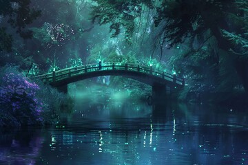 A bridge over a luminous river, where crossing it helps one let go of past traumas and fears - obrazy, fototapety, plakaty