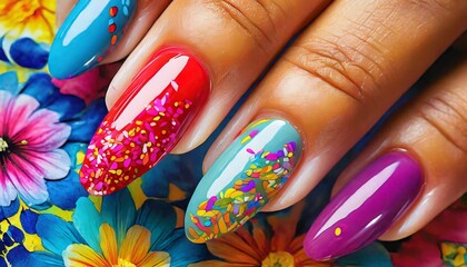 Wallpaper  vibrant colors, electric patterns, matte effect. Glamour woman hand with nail polish on her fingernails.  - obrazy, fototapety, plakaty