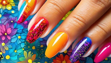 Wallpaper  vibrant colors, electric patterns, matte effect. Glamour woman hand with nail polish on her fingernails.  - obrazy, fototapety, plakaty