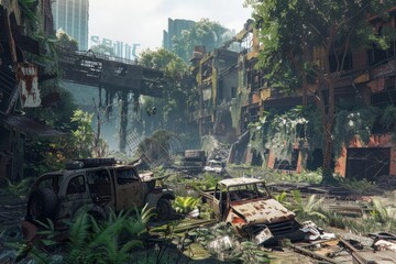 A post-apocalyptic cityscape with abstract ruins, overgrown vegetation, and abandoned vehicles, Generative AI