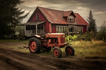 Obraz premium Old farm tractor with red barn in the background