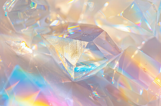 Fototapeta Object, prism and reflection of light in glass closeup for mineral mining of precious stone or gem. Abstract, background and diamond with natural rock refraction for bright rainbow effect or color