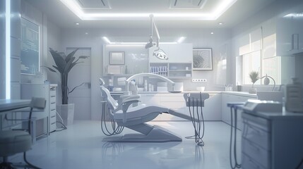 An artistic interpretation of a dental office, where the chair is the centerpiece