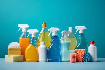 Cleaning products on a blue background. 3d rendering image.