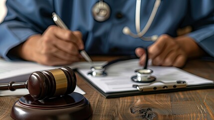 Capture the close-up image of a judge's gavel and a doctor's stethoscope, set against the backdrop of both professionals diligently writing notes.
