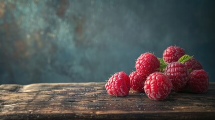 Ripe raspberries arranged on a wooden tabletop against a dark backdrop