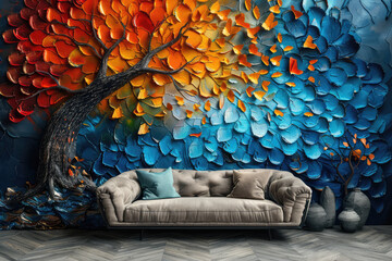 3d abstract tree with blue and orange leaves mural on the wall, sofa in front of it. Created with Ai