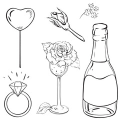 a bottle of champagne , a heart shaped lollipop , a rose , a ring , and a glass