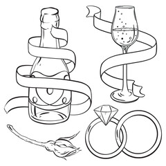 a black and white drawing of a bottle of champagne , a glass of wine , and wedding rings