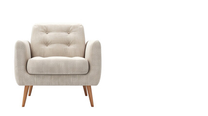 A Scandinavian-style armchair with a beige linen upholstery isolated on a transparent background.