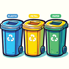 illustration of plastic, metal, and paper bins in blue, yellow, green colors